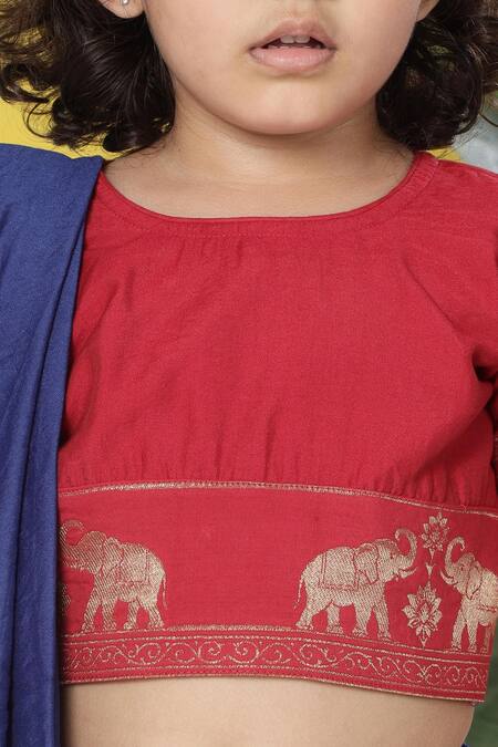 Shop_Little Bansi_Red Cotton Embroidery Elephant Motif Lehenga Set _Online_at_Aza_Fashions