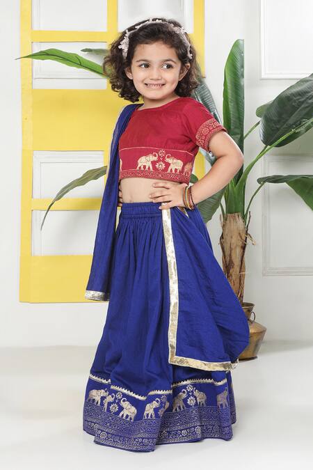Little Bansi_Red Cotton Embroidery Elephant Motif Lehenga Set _at_Aza_Fashions
