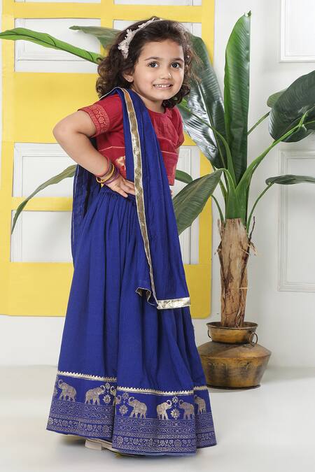Shop_Little Bansi_Red Cotton Embroidery Elephant Motif Lehenga Set 