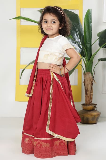 Shop_Little Bansi_Off White Cotton Embroidery, Lace Elephant Lehenga Set _Online_at_Aza_Fashions