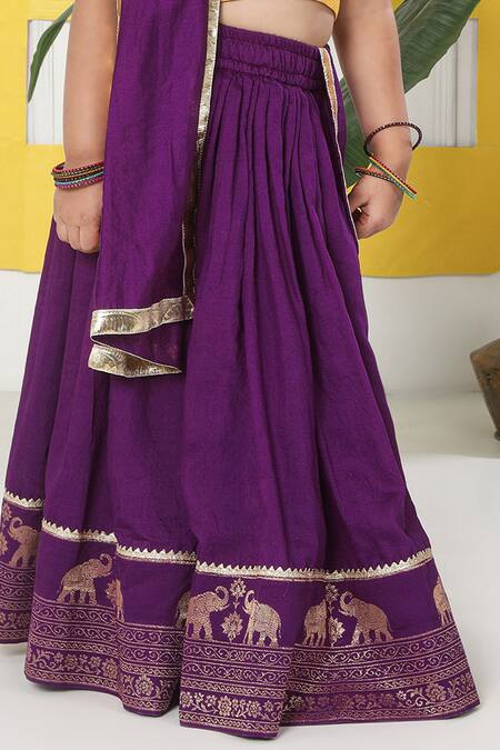 Buy_Little Bansi_Yellow Cotton Embroidery, Lace Elephant Motif Lehenga Set _Online_at_Aza_Fashions