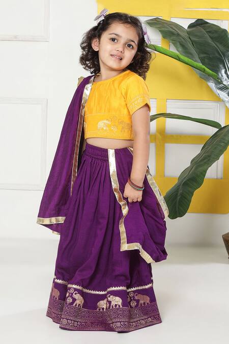 Little Bansi_Yellow Cotton Embroidery, Lace Elephant Motif Lehenga Set _at_Aza_Fashions