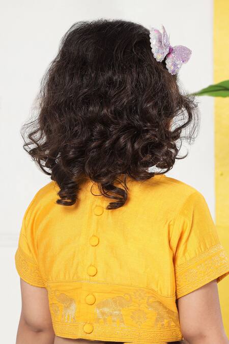 Shop_Little Bansi_Yellow Cotton Embroidery, Lace Elephant Motif Lehenga Set 