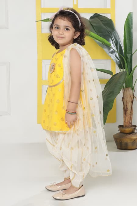 Shop_Little Bansi_Yellow Cotton, Net Embroidery, Mirrors, Zari, Foil Printing Floal Kurta Set _Online_at_Aza_Fashions