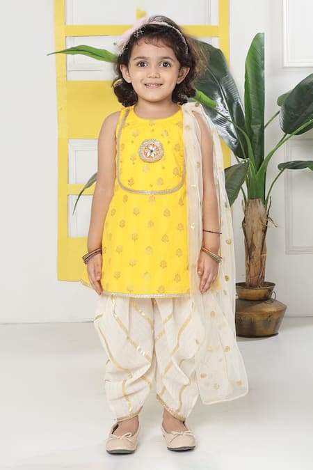 Little Bansi_Yellow Cotton, Net Embroidery, Mirrors, Zari, Foil Printing Floal Kurta Set _at_Aza_Fashions