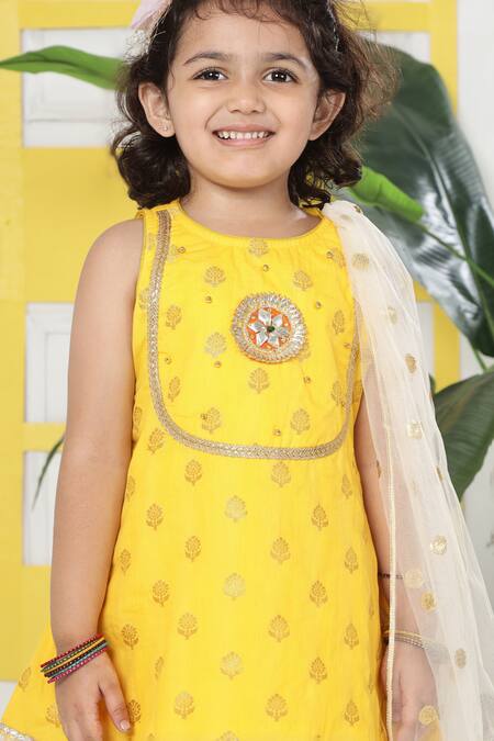 Shop_Little Bansi_Yellow Cotton, Net Embroidery, Mirrors, Zari, Foil Printing Floal Kurta Set 
