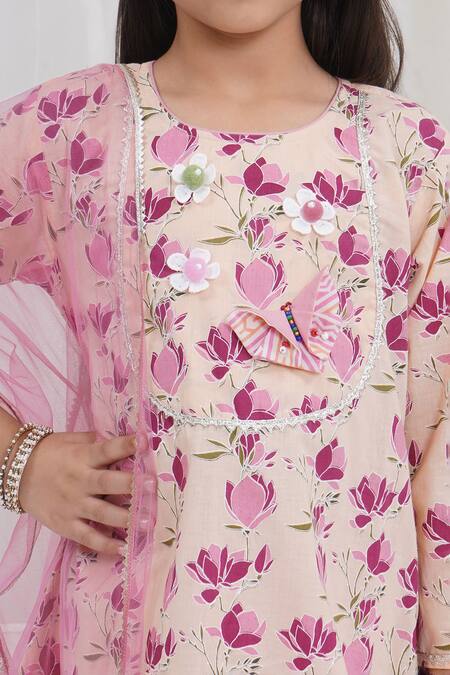 Little Bansi_Peach Cotton, Net Applique, Lace Lotus Print Kurta Set _at_Aza_Fashions