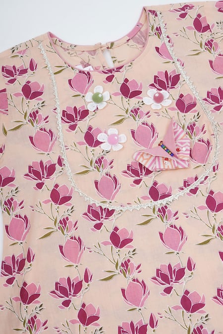 Shop_Little Bansi_Peach Cotton, Net Applique, Lace Lotus Print Kurta Set 
