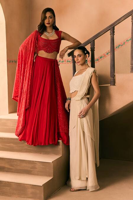 1999ad By Amita & Deepak Off White Organza Beads, Embroidery, Metallic Thread Square Draped Skirt Set at Aza Fashions 1999ad By Amita & Deepak_Off White Organza Beads, Embroidery, Metallic Thread Square Draped Skirt Set _at_Aza_Fashions