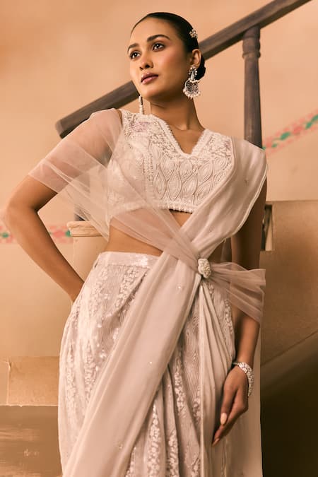 1999ad By Amita & Deepak_Pink Organza Beads, Embroidery, Sequins V-neck Draped Lehenga Set _Online_at_Aza_Fashions