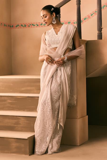 Buy_1999ad By Amita & Deepak_Pink Organza Beads, Embroidery, Sequins V-neck Draped Lehenga Set _Online_at_Aza_Fashions