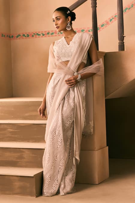 Shop_1999ad By Amita & Deepak_Pink Organza Beads, Embroidery, Sequins V-neck Draped Lehenga Set _Online_at_Aza_Fashions