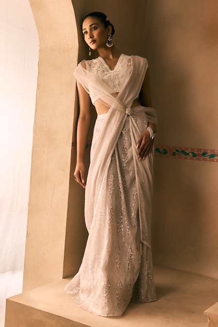 1999ad By Amita & Deepak_Pink Organza Beads, Embroidery, Sequins V-neck Draped Lehenga Set _at_Aza_Fashions