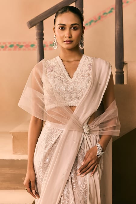 Buy_1999ad By Amita & Deepak_Pink Organza Beads, Embroidery, Sequins V-neck Draped Lehenga Set 