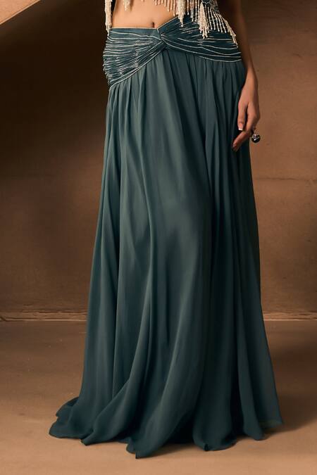 1999ad By Amita & Deepak_Blue Georgette Beads, Embroidery, Tassels Halter Neck, Blouse And Draped Skirt Set _Online_at_Aza_Fashions