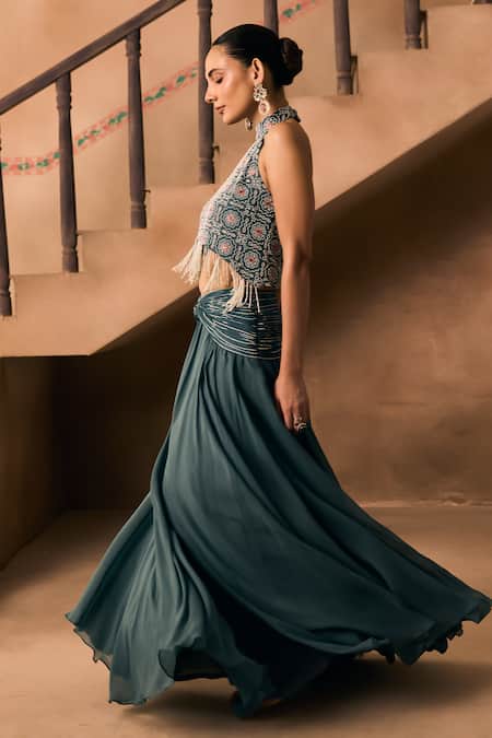 Buy_1999ad By Amita & Deepak_Blue Georgette Beads, Embroidery, Tassels Halter Neck, Blouse And Draped Skirt Set _Online_at_Aza_Fashions