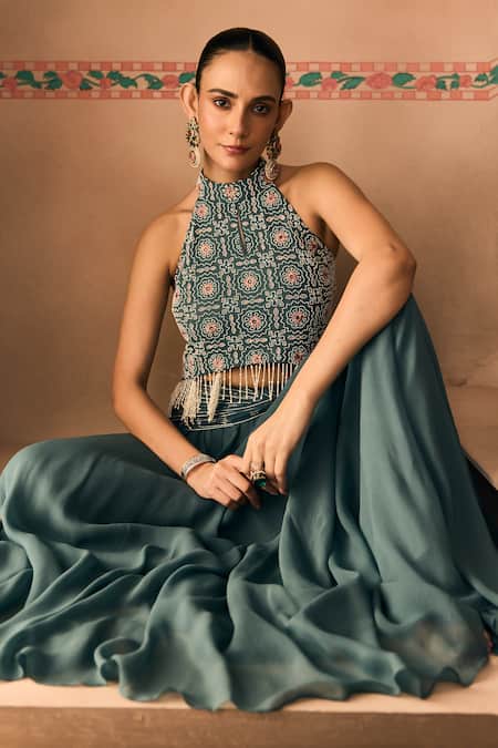 1999ad By Amita & Deepak_Blue Georgette Beads, Embroidery, Tassels Halter Neck, Blouse And Draped Skirt Set _at_Aza_Fashions