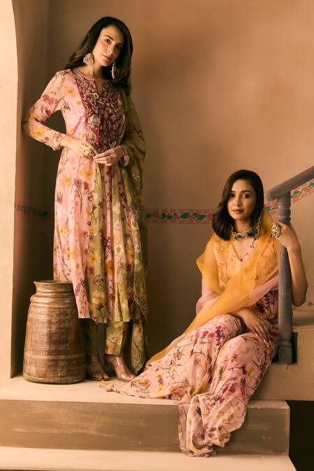 1999ad By Amita & Deepak Pink Georgette Beads, Embroidery Split V-neck Printed Anarkali Pant Set at Aza Fashions 1999ad By Amita & Deepak_Pink Georgette Beads, Embroidery Split V-neck Printed Anarkali Pant Set _at_Aza_Fashions