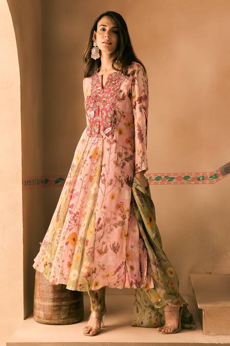 Buy 1999ad By Amita & Deepak Pink Georgette Beads, Embroidery Split V-neck Printed Anarkali Pant Set Buy_1999ad By Amita & Deepak_Pink Georgette Beads, Embroidery Split V-neck Printed Anarkali Pant Set