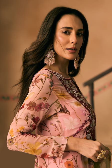 Buy 1999ad By Amita & Deepak Pink Georgette Beads, Embroidery Split V-neck Floral Print Anarkali And Pant Set Online at Aza Fashions Buy_1999ad By Amita & Deepak_Pink Georgette Beads, Embroidery Split V-neck Floral Print Anarkali And Pant Set _Online_at_Aza_Fashions