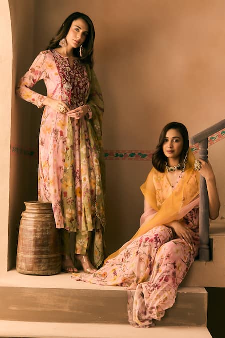 1999ad By Amita & Deepak Pink Georgette Beads, Embroidery Split V-neck Floral Print Anarkali And Pant Set at Aza Fashions 1999ad By Amita & Deepak_Pink Georgette Beads, Embroidery Split V-neck Floral Print Anarkali And Pant Set _at_Aza_Fashions