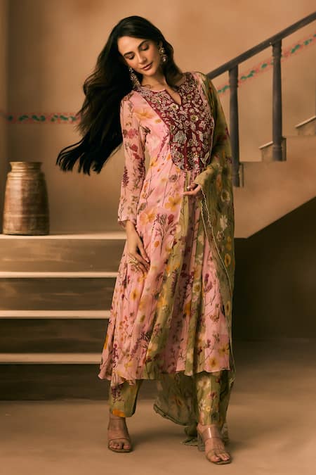 Buy 1999ad By Amita & Deepak Pink Georgette Beads, Embroidery Split V-neck Floral Print Anarkali And Pant Set Buy_1999ad By Amita & Deepak_Pink Georgette Beads, Embroidery Split V-neck Floral Print Anarkali And Pant Set