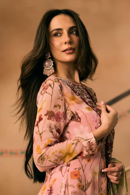 Shop 1999ad By Amita & Deepak Pink Georgette Beads, Embroidery Split V-neck Floral Print Anarkali And Pant Set Shop_1999ad By Amita & Deepak_Pink Georgette Beads, Embroidery Split V-neck Floral Print Anarkali And Pant Set