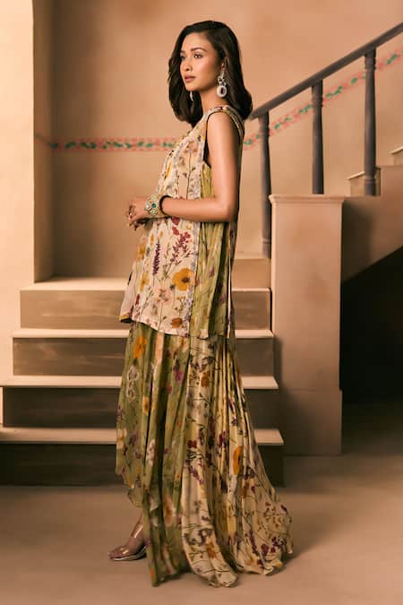 Buy_1999ad By Amita & Deepak_Multi Color Organza Embroidery, Beads V-neck Floral Print Kurta And Sharara Set _Online_at_Aza_Fashions
