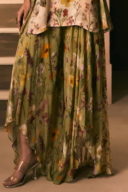 Shop_1999ad By Amita & Deepak_Multi Color Organza Embroidery, Beads V-neck Floral Print Kurta And Sharara Set _Online_at_Aza_Fashions