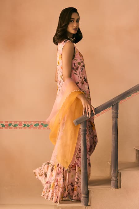 1999ad By Amita & Deepak_Pink Organza Beads, Embroidery V-neck Floral Print Kurta Sharara Set _Online_at_Aza_Fashions