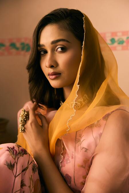 Buy_1999ad By Amita & Deepak_Pink Organza Beads, Embroidery V-neck Floral Print Kurta Sharara Set _Online_at_Aza_Fashions