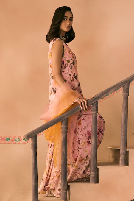 Shop_1999ad By Amita & Deepak_Pink Organza Beads, Embroidery V-neck Floral Print Kurta Sharara Set 