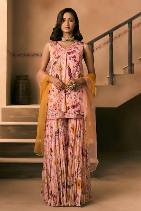 1999ad By Amita & Deepak Pink Organza Beads, Embroidery V-neck Printed Kurta And Sharara Set Online at Aza Fashions 1999ad By Amita & Deepak_Pink Organza Beads, Embroidery V-neck Printed Kurta And Sharara Set _Online_at_Aza_Fashions