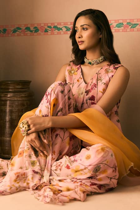 1999ad By Amita & Deepak Pink Organza Beads, Embroidery V-neck Printed Kurta And Sharara Set at Aza Fashions 1999ad By Amita & Deepak_Pink Organza Beads, Embroidery V-neck Printed Kurta And Sharara Set _at_Aza_Fashions