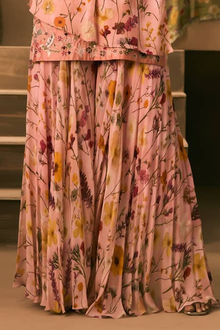 Buy 1999ad By Amita & Deepak Pink Organza Beads, Embroidery V-neck Printed Kurta And Sharara Set Buy_1999ad By Amita & Deepak_Pink Organza Beads, Embroidery V-neck Printed Kurta And Sharara Set