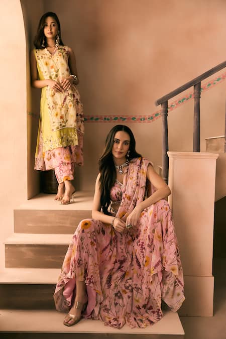 Shop_1999ad By Amita & Deepak_Cream Organza Beads, Embroidery V-neck Floral Print Kurta And Pant Set 