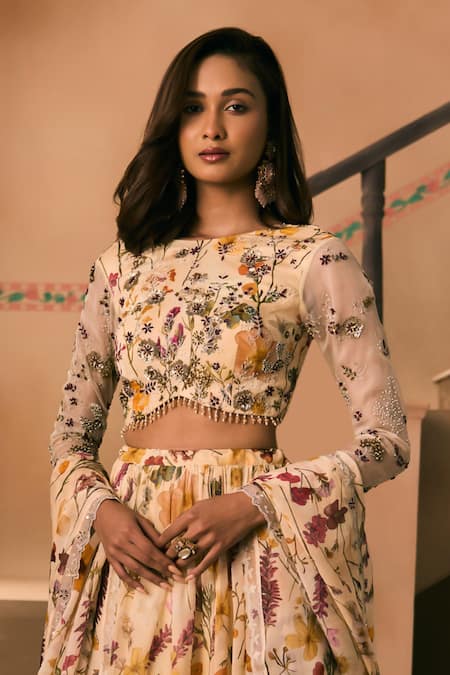 Buy_1999ad By Amita & Deepak_Beige Organza Beads, Embroidery Round Neck Floral Print Lehenga Set _Online_at_Aza_Fashions