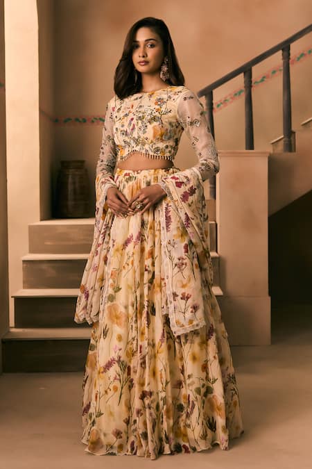 1999ad By Amita & Deepak_Beige Organza Beads, Embroidery Round Neck Floral Print Lehenga Set _at_Aza_Fashions