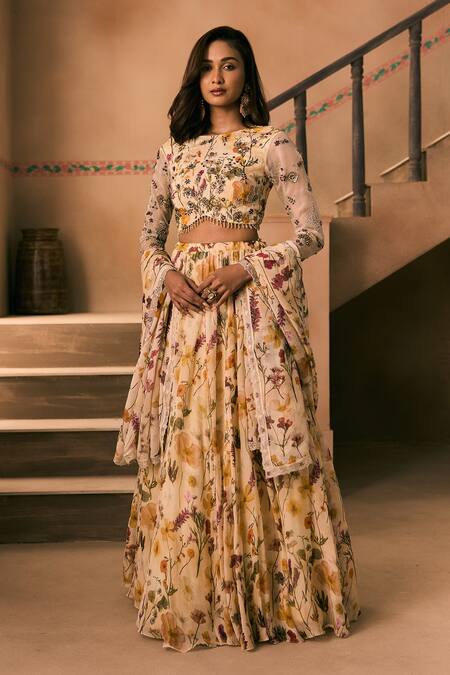 1999ad By Amita & Deepak_Cream Organza Embroidery, Beads Round Neck Floral Print Lehenga And Blouse Set _Online_at_Aza_Fashions