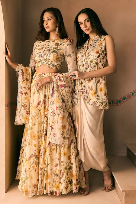 Buy_1999ad By Amita & Deepak_Cream Organza Embroidery, Beads Round Neck Floral Print Lehenga And Blouse Set _Online_at_Aza_Fashions