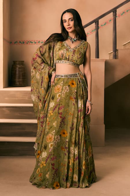 Buy_1999ad By Amita & Deepak_Green Organza Beads, Embroidery V-neck Floral Print Lehenga Blouse Set _Online_at_Aza_Fashions