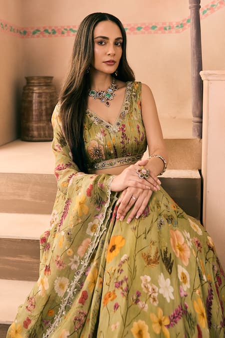Shop_1999ad By Amita & Deepak_Green Organza Beads, Embroidery V-neck Floral Print Lehenga Blouse Set _Online_at_Aza_Fashions