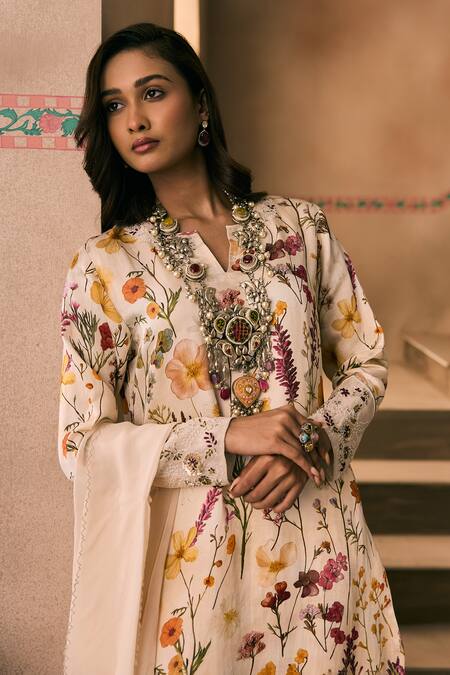 Buy_1999ad By Amita & Deepak_Beige Linen Beads, Embroidery, Cut Work Split V-neck Floral Print Kurta Pant Set _Online_at_Aza_Fashions