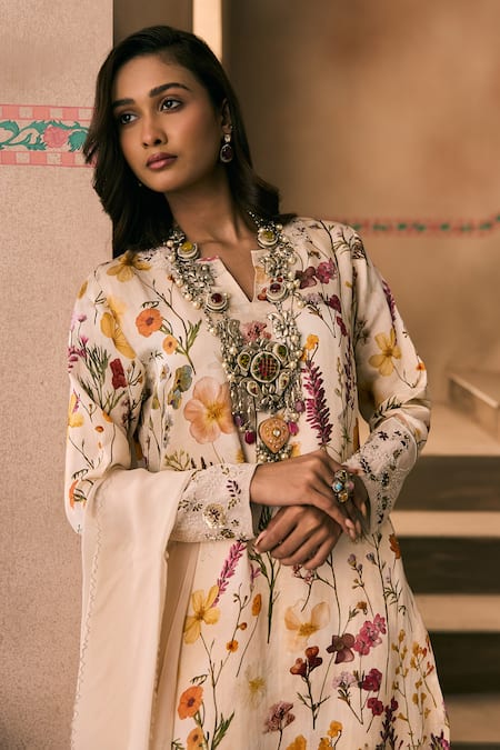 Buy_1999ad By Amita & Deepak_Beige Linen Beads, Embroidery, Foil Printing V-neck Printed Kurta Pant Set _Online_at_Aza_Fashions