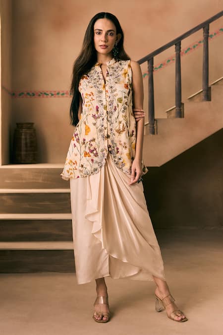 Buy_1999ad By Amita & Deepak_Beige Organza Beads, Embroidery Round Neck Printed Kurta And Draped Skirt Set _Online_at_Aza_Fashions
