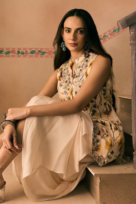 Shop_1999ad By Amita & Deepak_Beige Organza Beads, Embroidery Round Neck Printed Kurta And Draped Skirt Set _Online_at_Aza_Fashions