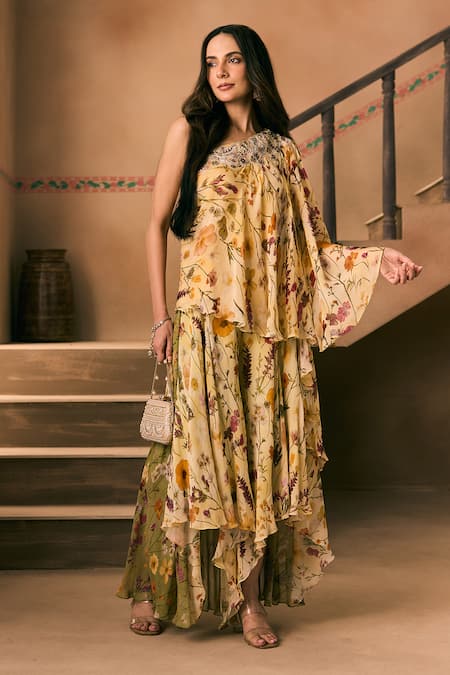 Buy_1999ad By Amita & Deepak_Yellow Organza Beads, Embroidery One Shoulder Floral Print Kurta And Sharara Set _Online_at_Aza_Fashions