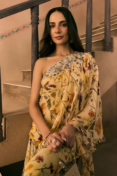 Shop_1999ad By Amita & Deepak_Yellow Organza Beads, Embroidery One Shoulder Floral Print Kurta And Sharara Set _Online_at_Aza_Fashions