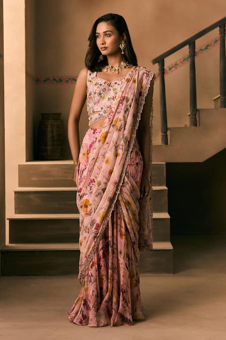 Shop_1999ad By Amita & Deepak_Pink Georgette Beads, Embroidery, Printed Pre-draped Skirt Saree With Blouse _Online_at_Aza_Fashions