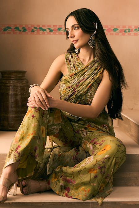 1999ad By Amita & Deepak_Green Organza Beads, Embroidery One Shoulder Printed Kurta And Flared Pant Set _Online_at_Aza_Fashions